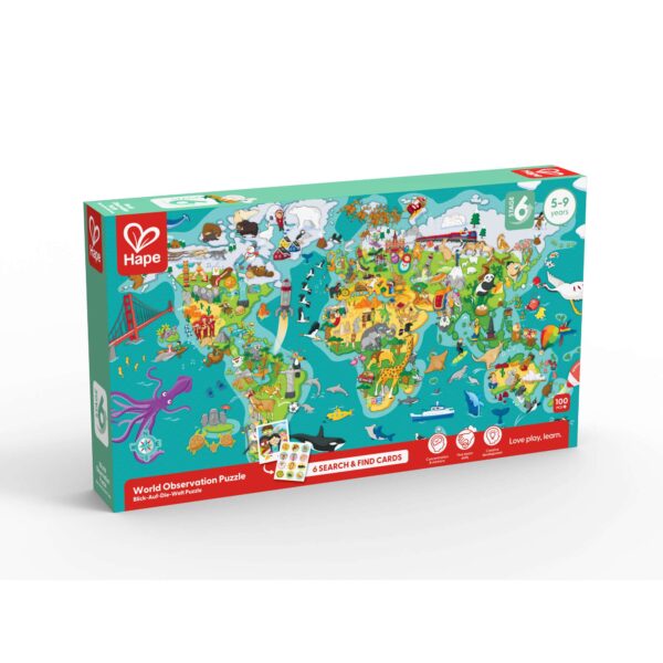 Hape ‘World Observation Puzzle’ for ages 5–9, featuring a colorful illustrated world map with animals, landmarks, and cultural icons. The packaging notes that the 100‑piece puzzle includes six search‑and‑find cards to support exploration and cognitive development