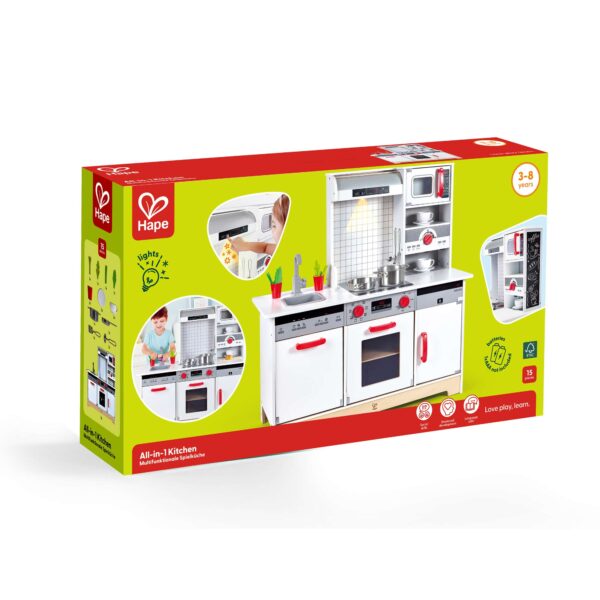 Kids can play together at this spacious All‑in‑1 Kitchen, designed for small‑group fun. It features a rechargeable fan stove with air effect, lights, and sound, along with a microwave, coffee maker, fridge, oven, garage sorter, two interactive stovetops, extra counter space, and plenty of storage. Accessories include a menu, pan, spatula, ladle, and cups. Easy to assemble