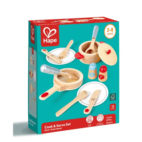 A boxed Hape ‘Cook & Serve Set’ for ages 2–8, featuring wooden play cookware including a pot with lid, frying pan, utensils, plates, and salt and pepper shakers. The turquoise packaging highlights social and emotional development and notes that the 13‑piece set is made with responsibly sourced materials
