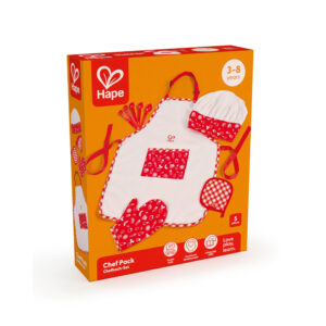A boxed Hape ‘Chef Pack’ role‑play set for ages 3–8, featuring a child‑sized apron, chef hat, oven mitt, pot holder, and measuring spoons. The bright orange packaging highlights imaginative roleplay, durability, and safety, and notes that the set includes five pieces