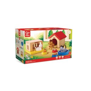 A boxed Hape ‘Family Pets’ wooden toy set for ages 3–10, featuring miniature figures of a dog, cat, rabbit, and guinea pig with their small houses, bowls, and accessories. The packaging highlights that the 12‑piece set encourages social, motor, and language skills.