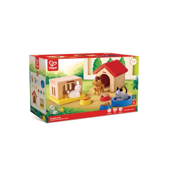 A boxed Hape ‘Family Pets’ wooden toy set for ages 3–10, featuring miniature figures of a dog, cat, rabbit, and guinea pig with their small houses, bowls, and accessories. The packaging highlights that the 12‑piece set encourages social, motor, and language skills.