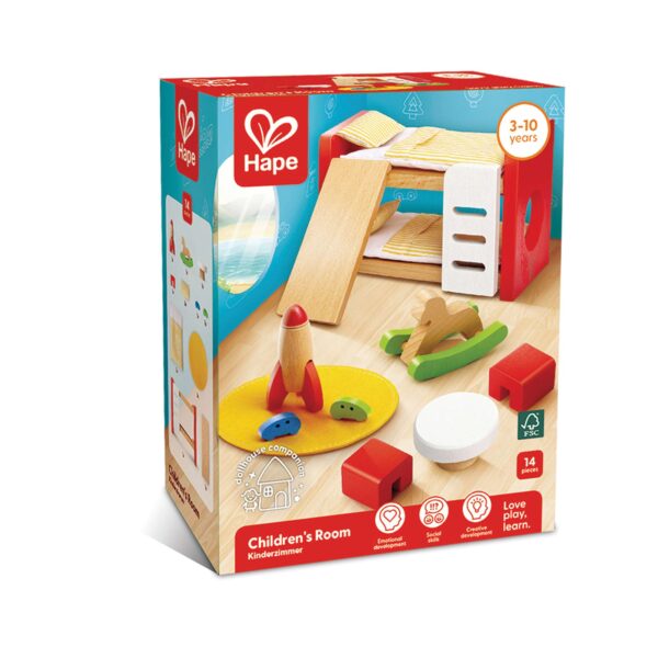 A boxed Hape ‘Children’s Room’ wooden dollhouse furniture set for ages 3–10, featuring a bunk bed with slide, table and chairs, rocking horse, toy rocket, and other small pieces. The packaging highlights emotional, social, and creative development and notes that the 14‑piece set is made with FSC‑certified wood.