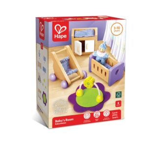 A boxed Hape ‘Baby’s Room’ wooden dollhouse set for ages 3–10, featuring a crib with a baby doll, rocking chair, changing table, and play mat with overhead toy. The packaging highlights emotional, social, and creative development and notes that the 8‑piece set is made with FSC‑certified materials.