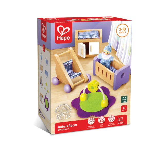 A boxed Hape ‘Baby’s Room’ wooden dollhouse set for ages 3–10, featuring a crib with a baby doll, rocking chair, changing table, and play mat with overhead toy. The packaging highlights emotional, social, and creative development and notes that the 8‑piece set is made with FSC‑certified materials.