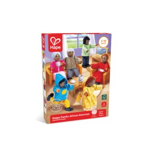 miniature black wooden family of 6 , mom, dad, brother, sister, grandma, and grandpa