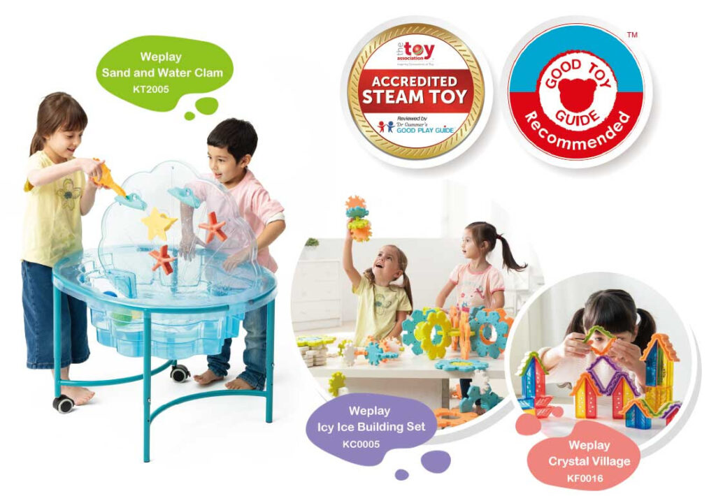 Children playing with Weplay Accredited STEM toys: Sand and Water Clam, Icy Ice Building Set, and Crystal Village